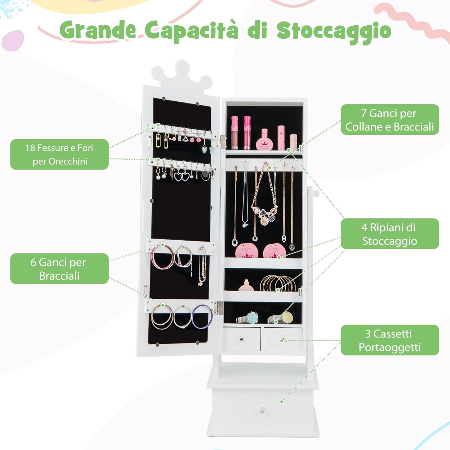 Armadio Gioielli per Bambini con Specchio, Armadietto Portagioie da Terra per Bambini con 3 Cassetti, per Bambini 3+ Anni, Ideale per Camera da Letto (Bianco)