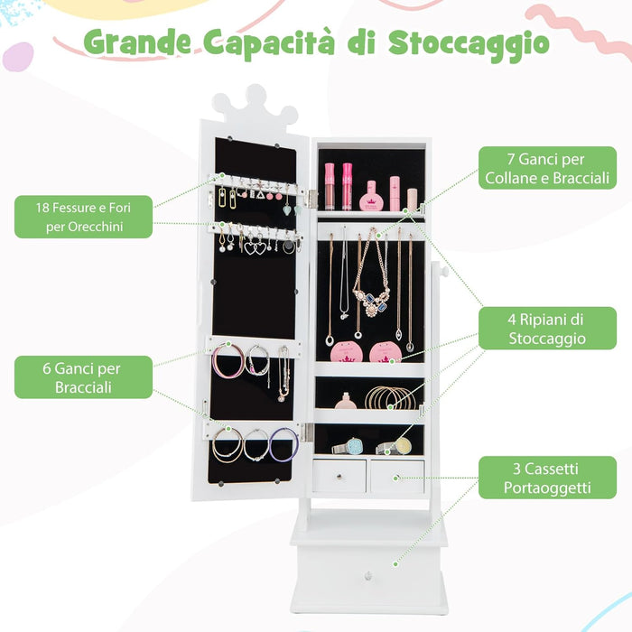 Armadio Gioielli per Bambini con Specchio, Armadietto Portagioie da Terra per Bambini con 3 Cassetti, per Bambini 3+ Anni, Ideale per Camera da Letto (Bianco)