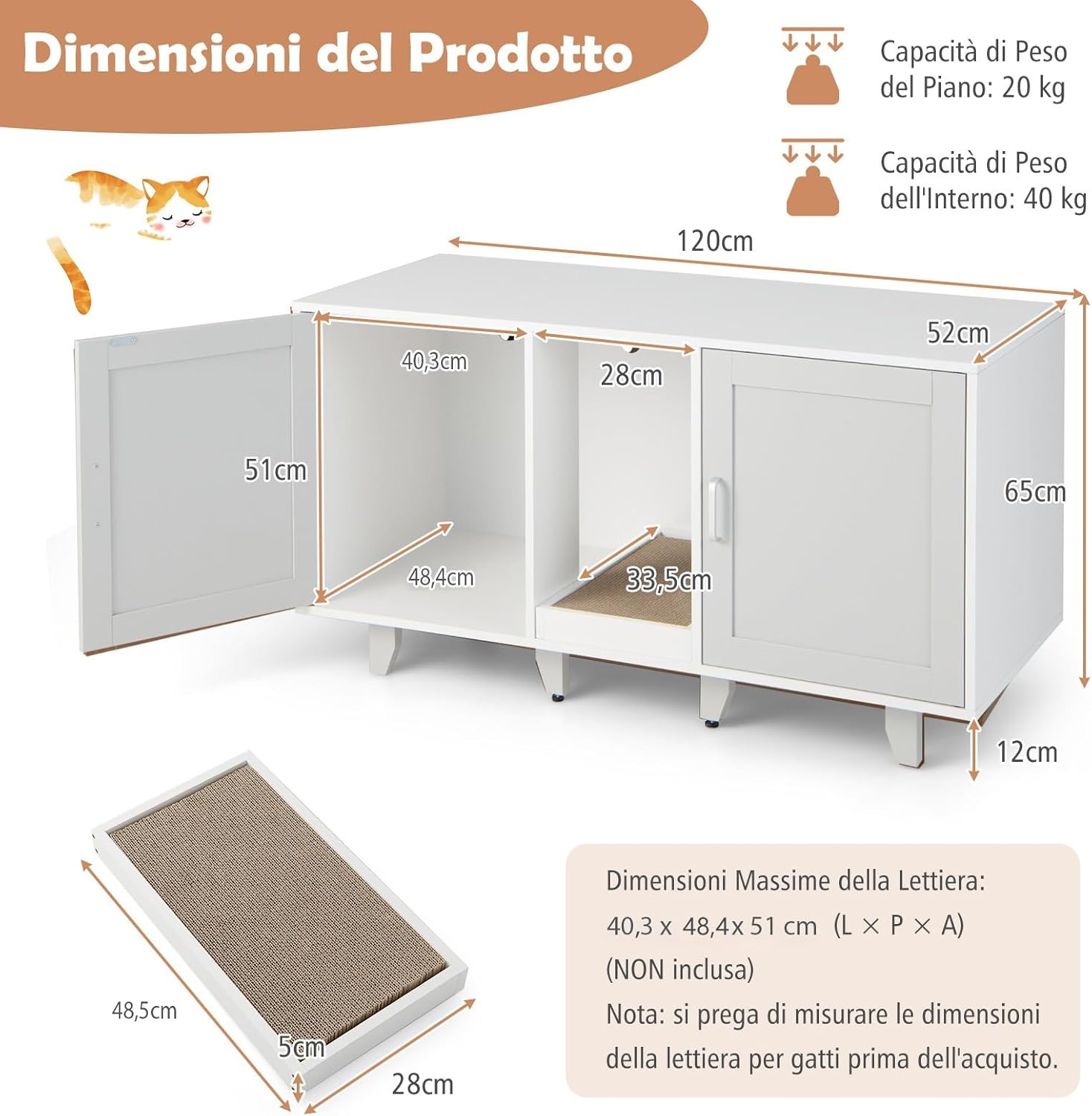 Mobile per Lettiera per Gatti 120 x 52 x 65 cm, Casetta per Gatti con 2 Ante, Fori, Tiragraffi e Gambe Staccabili, Mobile Versatile e Moderno per Salotto (Bianco e grigio)