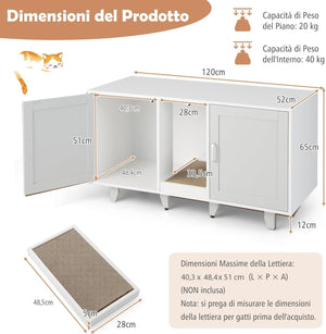 Mobile per Lettiera per Gatti 120 x 52 x 65 cm, Casetta per Gatti con 2 Ante, Fori, Tiragraffi e Gambe Staccabili, Mobile Versatile e Moderno per Salotto (Bianco e grigio)