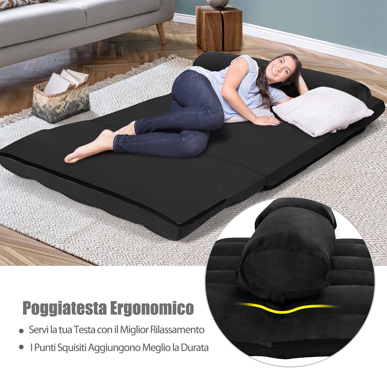 Divano Letto da Terra con 2 Cuscini, Divano Letto Pieghevole con Schienale Regolabile a 6 Livelli, Ideale per Camera da Letto e Soggiorno (Nero)