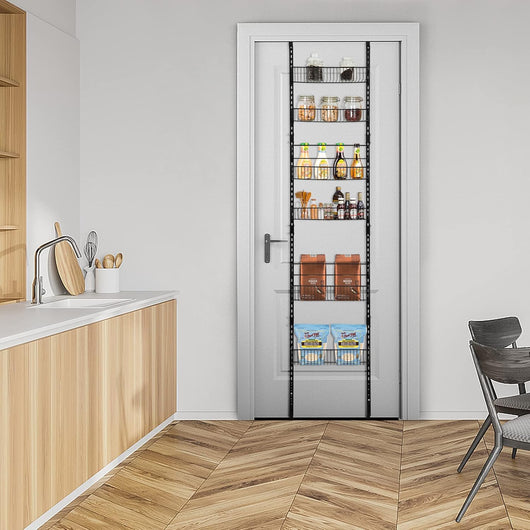 Organizzatore per Dispensa Sopra la Porta, Porta Spezie Regolabile in Altezza a 6 Livelli, 2 Opzioni di Montaggio, per Cucina Guardaroba Bagno, Nero