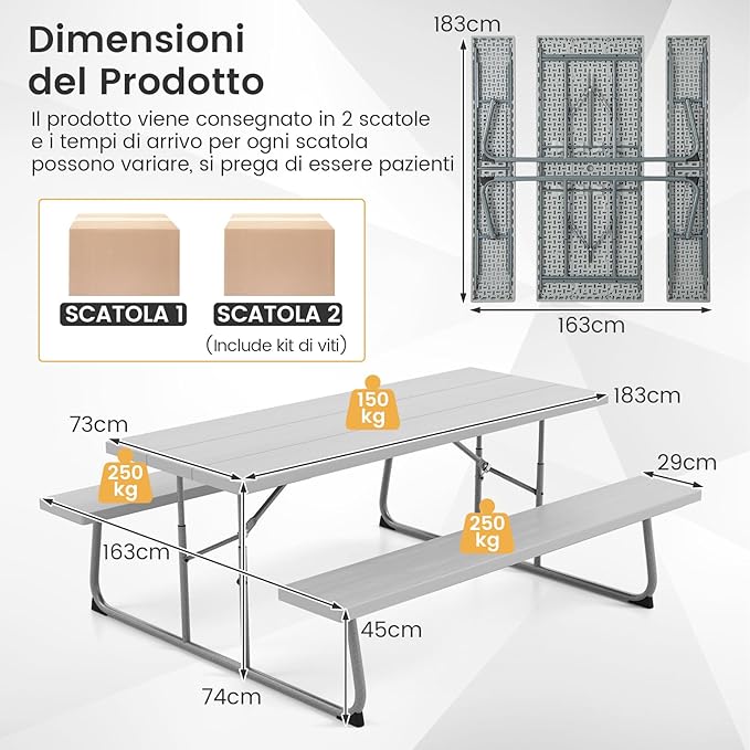 Tavolo da Picnic Pieghevole con 2 Panche, Set di Tavolo da 183 cm con Telaio in Metallo, Piano in HDPE, con Foro per Ombrellone, Tavolo da Pranzo da Giardino, Portata Totale 650 kg (Grigio)