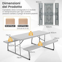 Tavolo da Picnic Pieghevole con 2 Panche, Set di Tavolo da 183 cm con Telaio in Metallo, Piano in HDPE, con Foro per Ombrellone, Tavolo da Pranzo da Giardino, Portata Totale 650 kg (Grigio)