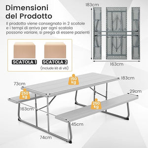 Tavolo da Picnic Pieghevole con 2 Panche, Set di Tavolo da 183 cm con Telaio in Metallo, Piano in HDPE, con Foro per Ombrellone, Tavolo da Pranzo da Giardino, Portata Totale 650 kg (Grigio)