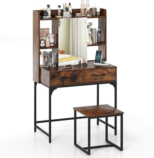 Toletta da Trucco con Specchio, Set Tavolo e Sgabello da Trucco con Stazione di Ricarica, Cassetti, Ripiani Aperti e Armadio, Consolle Toeletta con Sgabello, 80 x 50 x 138 cm (Marrone)