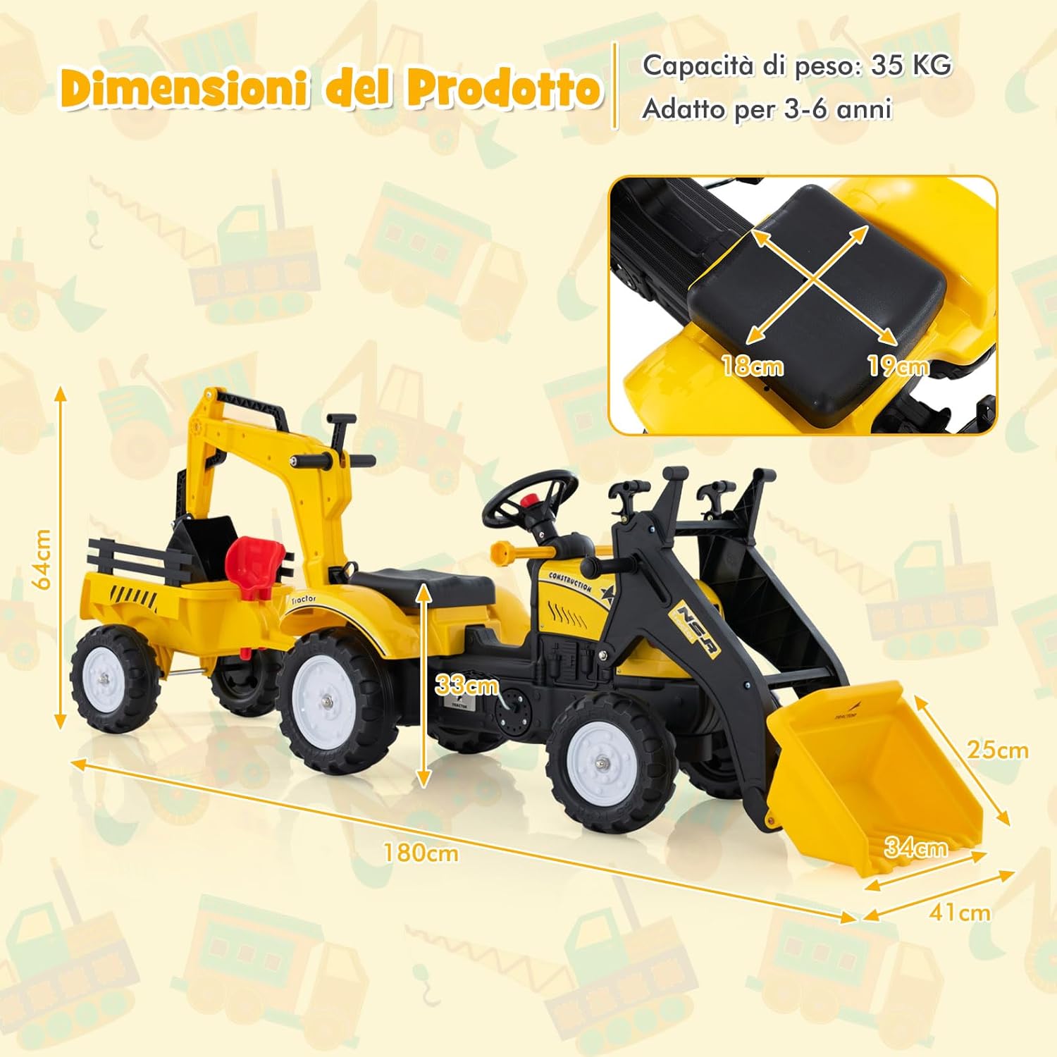 3 in 1 Escavatore per Bambini, Trattore con Rimorchio Staccabile Cavalcabile per Bambini, con 6 Ruote e 2 Benne, per Bambini 3-6 Anni (Giallo)