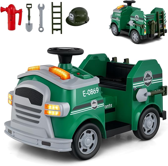 Macchina Elettrico per Bambini 12V, Auto Cavalcabile con Pala, Estintore, Scala, Casco di Sicurezza, 4 Ruote, Sirena e Clacson, Camion Realistico dei Pompieri per Bambini 3-8 Anni (Verde)