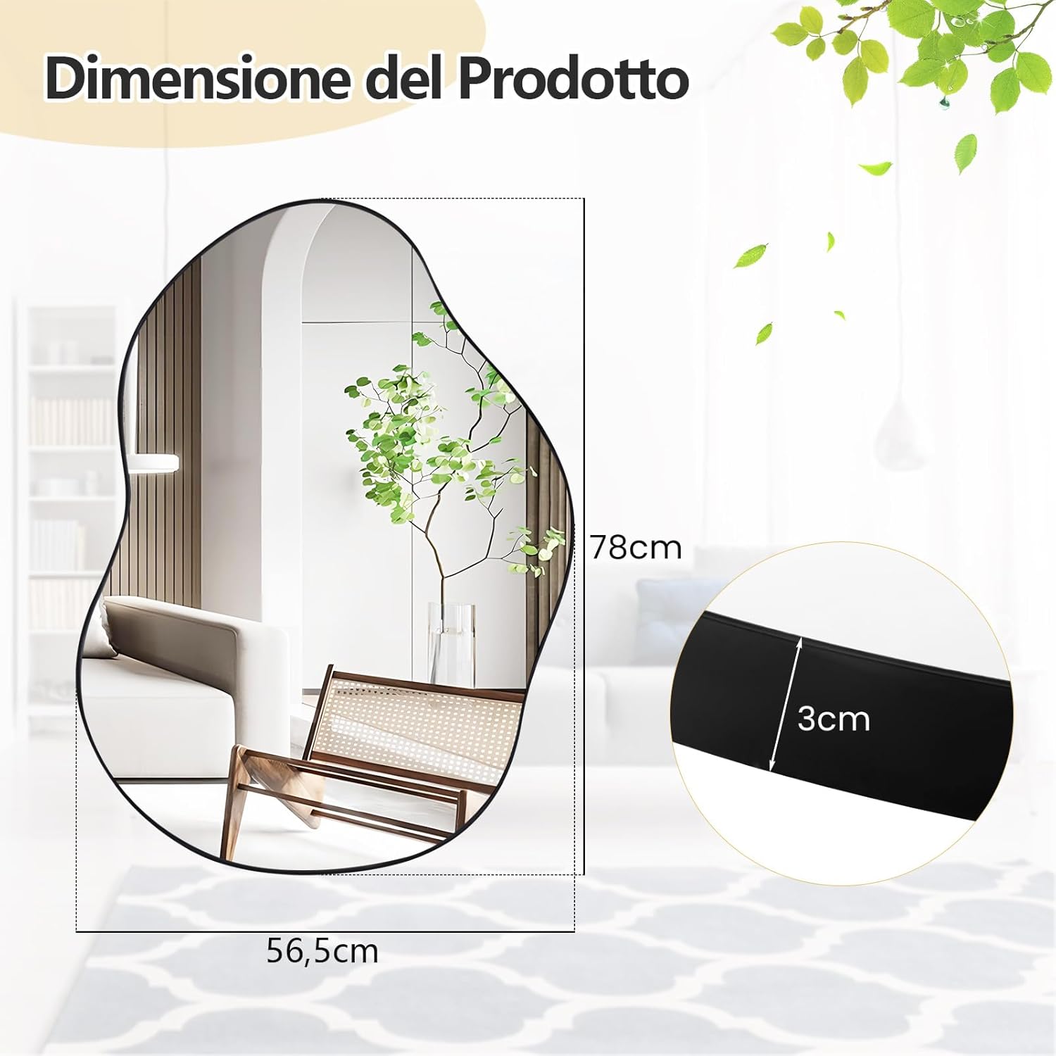 Specchio da Parete 78x56 cm, Specchio da Bagno a Forma Irregolare con Base Posteriore Premium, Specchio Decorativo per Soggiorno Ingresso Bagno (78 x 56 cm Nero)