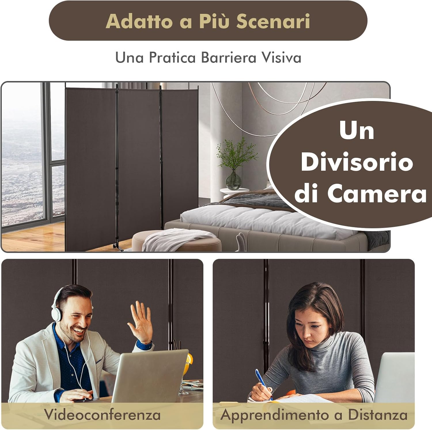 Paravento da Interno in Metallo, Separé Divisorio Interno Pieghevole con Piedini Stabili, Pannelli Divisori per Interni per Casa e Ufficio (Marrone, 262 x 180 cm (3 Pannelli con ruote))