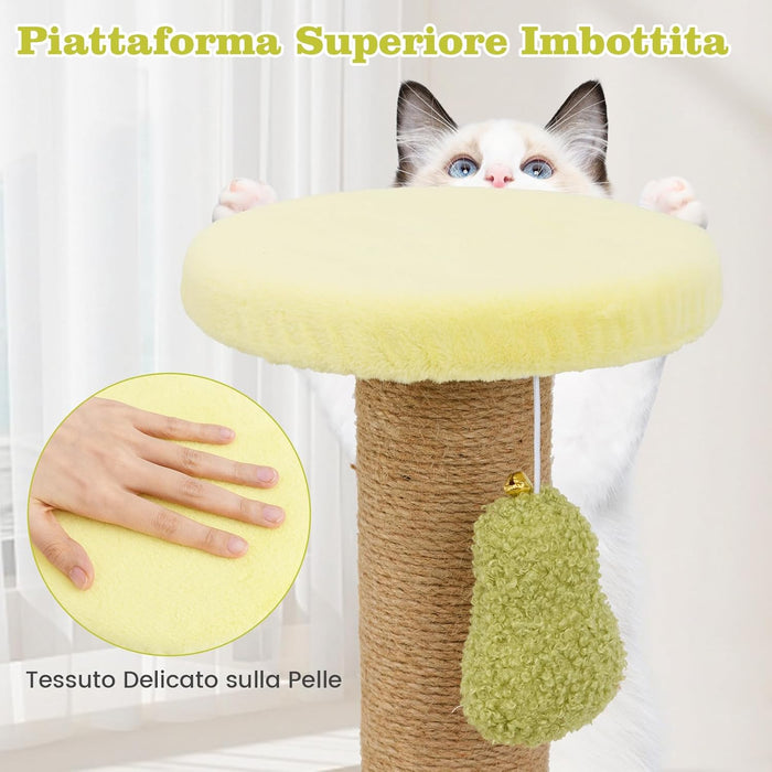 Tiragraffi per Gatto Alto 40 cm con Lettino Stile Avocado, Albero Tiragraffi Gatti con Palo a Corda in Juta, Piattaforma e 2 Pompon, Cuccia Albero Gatto Rivestito in Peluche, Verde