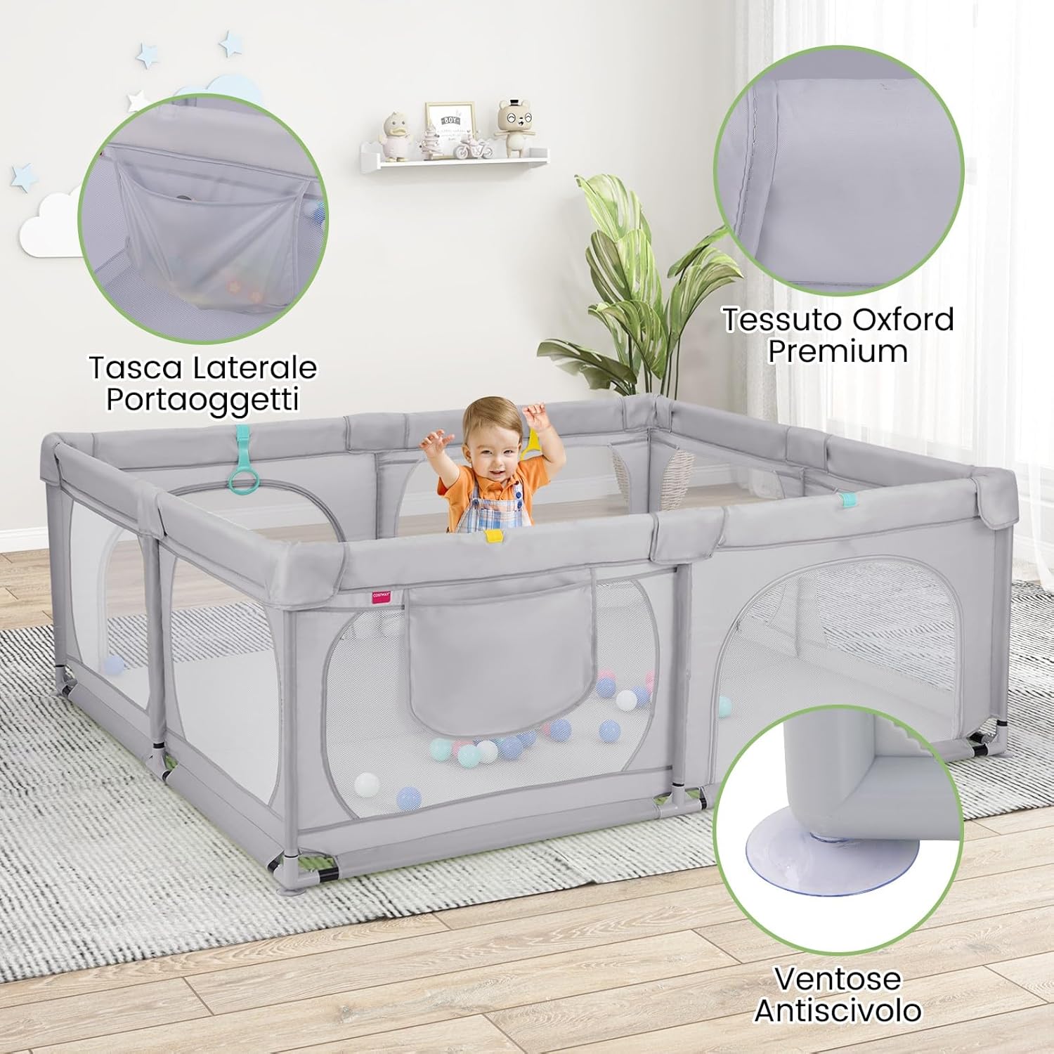 Recinto per Bambini, Box per Bambini con Rete Traspirante, Centro Attività per Bambini con 50 Palline, Box Giochi per Bambini 0-3 Anni (Grigio, 189 x 158 cm)