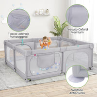 Recinto per Bambini, Box per Bambini con Rete Traspirante, Centro Attività per Bambini con 50 Palline, Box Giochi per Bambini 0-3 Anni (Grigio, 189 x 158 cm)