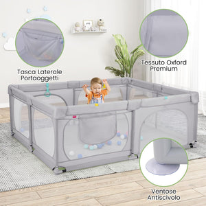 Recinto per Bambini, Box per Bambini con Rete Traspirante, Centro Attività per Bambini con 50 Palline, Box Giochi per Bambini 0-3 Anni (Grigio, 189 x 158 cm)