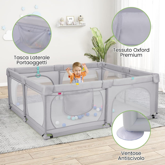 Recinto per Bambini, Box per Bambini con Rete Traspirante, Centro Attività per Bambini con 50 Palline, Box Giochi per Bambini 0-3 Anni (Grigio, 189 x 158 cm)
