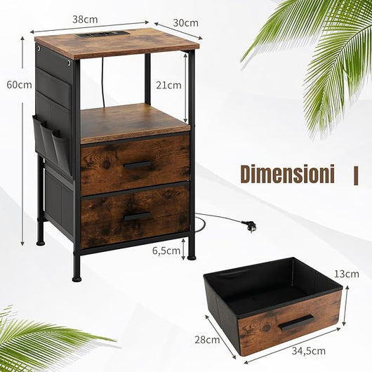 Tavolino con 2 Cassetti e 6 Tasche Laterali, Tavolino Versatile con Porte USB e Prese AC, Tavolino da Salotto e Camera da Letto, Marrone (38 x 30 x 60 cm, 1)