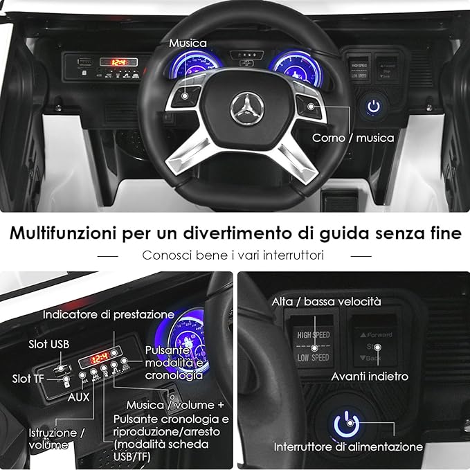 Mercedes Benz Macchina Elettrica per Bambini 12V, Veicolo Elettrico con Luci LED e Chiusura di Sicurezza, Macchina Cavalcabile per Bambini 3-8 Anni (Bianco)