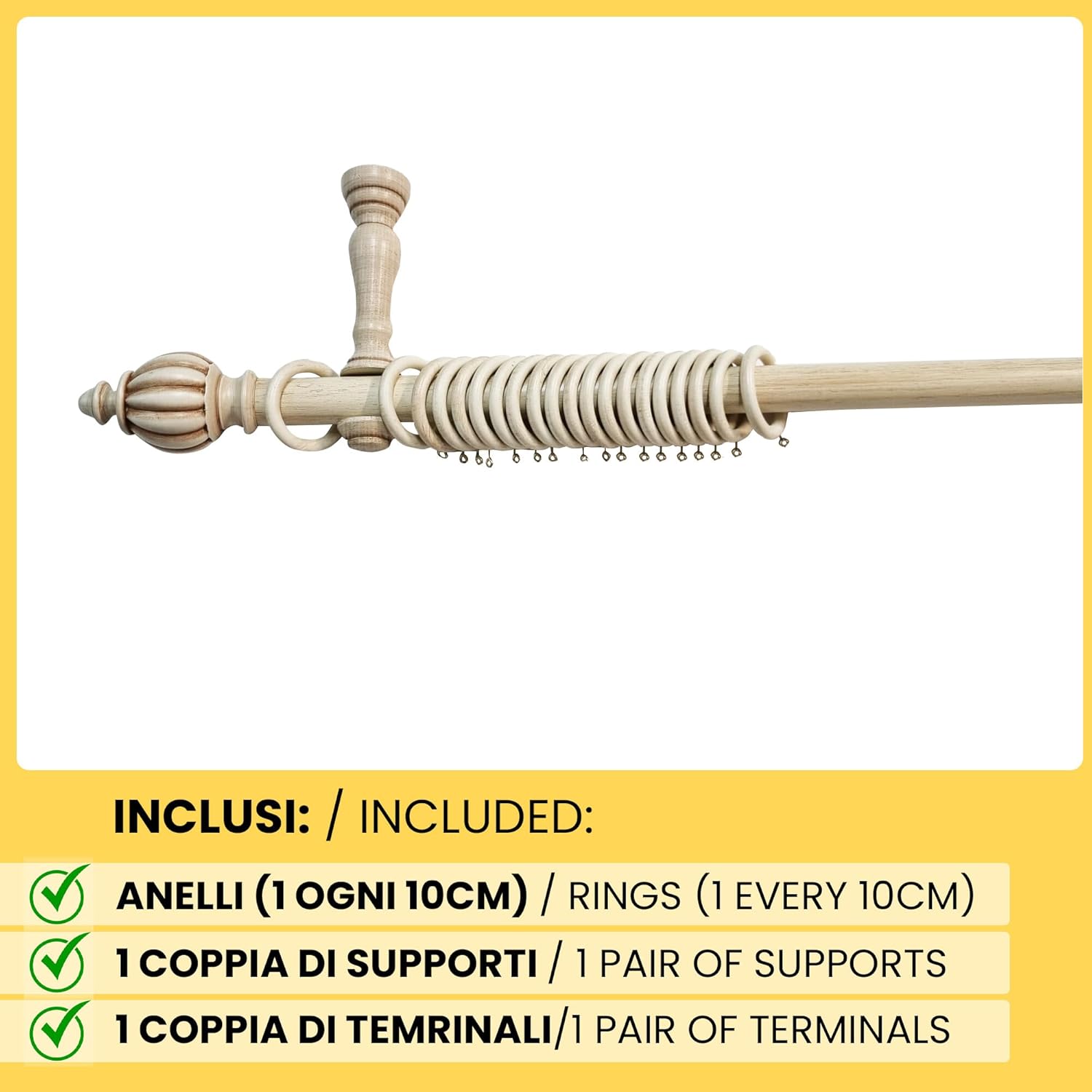 Bastone Tenda in Legno di Alta Qualità, diametro 35 mm a strappo colore argento oro terminale pagoda lunghezza 240 CM