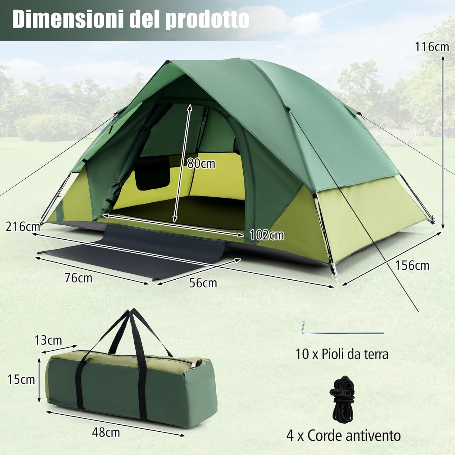 Tenda Impermeabile, Tenda Campeggio per 2 Personea, Tenda Cupola Ultraleggera Antivento, 4 Finestre a Rete, Tenda Zaino in Spalla Facile da Installare,Ideale per Campeggio, Verde