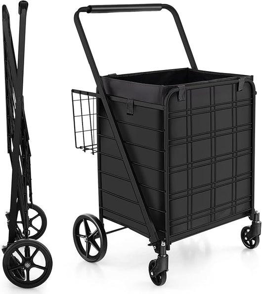 Carrello Portaspesa Pieghevole con Sacca, Carrello della Spesa Pieghevole con Ruote Girevoli a 360°, 2 Cesti, Capacità di Carico: 150 kg, 126 L, 66 x 64 x 103 cm (Nero)