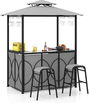 Set Bar da Patio a 3 Pezzi, Gazebo per Griglia e 2 Sgabelli da Bar con Tavolo in Vetro Temperato, Ripiani in Metallo, Portabicchieri, per Giardino Cortile e Spiaggia (Grigio)