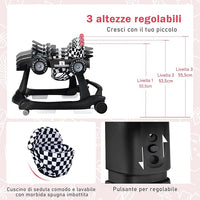 Girello per Bambini 4 in 1, Girello Pieghevole con Altezza e Velocità Regolabili, Carillon con Luci, Volante e Sedile, Primi Passi per Bambini 6-18 Mesi, Portata 15 kg (Nero)