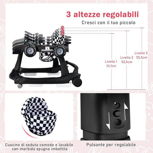 Girello per Bambini 4 in 1, Girello Pieghevole con Altezza e Velocità Regolabili, Carillon con Luci, Volante e Sedile, Primi Passi per Bambini 6-18 Mesi, Portata 15 kg (Nero)