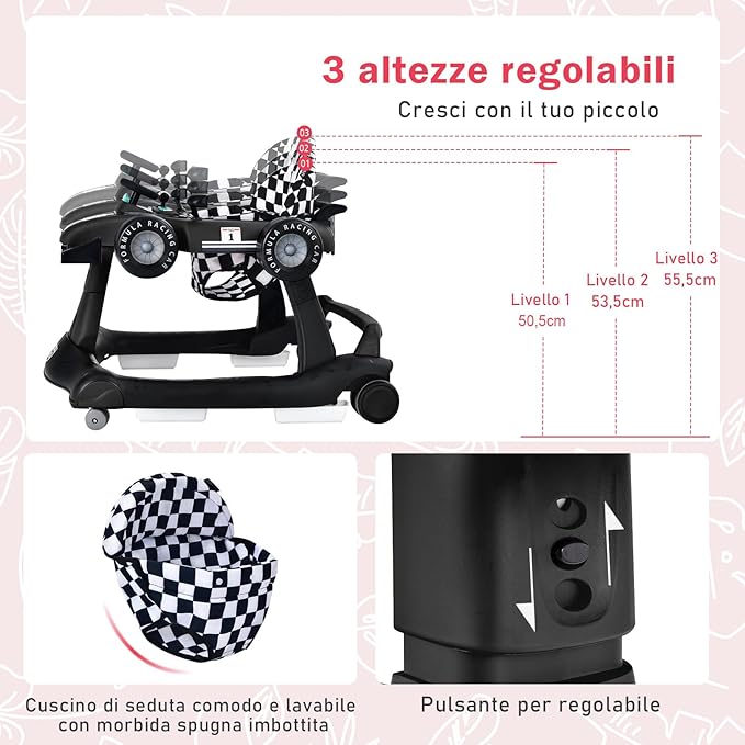 Girello per Bambini 4 in 1, Girello Pieghevole con Altezza e Velocità Regolabili, Carillon con Luci, Volante e Sedile, Primi Passi per Bambini 6-18 Mesi, Portata 15 kg (Nero)