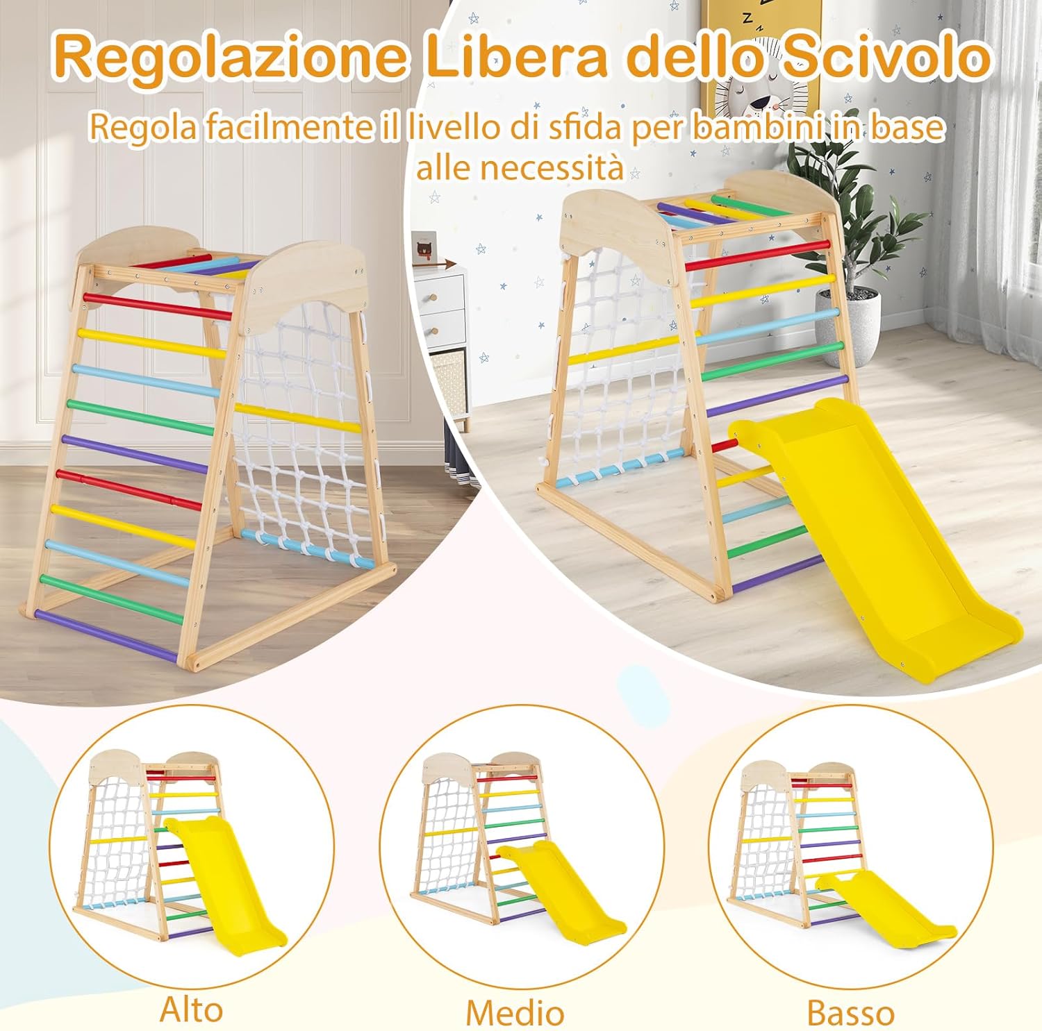 Set Arrampicata 4 in 1, Parco Giochi Interno in Legno con Sbarre Rete da Arrampicata e Scala da Arrampicata, per Bambini 1 Anno+ (colorato)