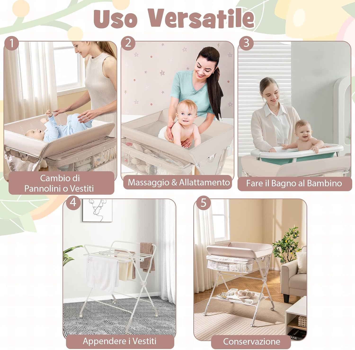 Fasciatoio Neonato Pieghevole, Fasciatoio Portatile con Altezza Regolabile a 3 Livelli, Fasciatoio Neonato con Ruote di Bloccabili, Ripiano, Porta Asciugamani, Cestino di Rifiuti (Beige)