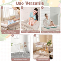 Fasciatoio Neonato Pieghevole, Fasciatoio Portatile con Altezza Regolabile a 3 Livelli, Fasciatoio Neonato con Ruote di Bloccabili, Ripiano, Porta Asciugamani, Cestino di Rifiuti (Beige)