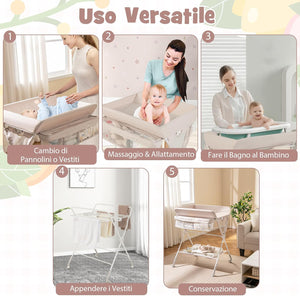 Fasciatoio Neonato Pieghevole, Fasciatoio Portatile con Altezza Regolabile a 3 Livelli, Fasciatoio Neonato con Ruote di Bloccabili, Ripiano, Porta Asciugamani, Cestino di Rifiuti (Beige)