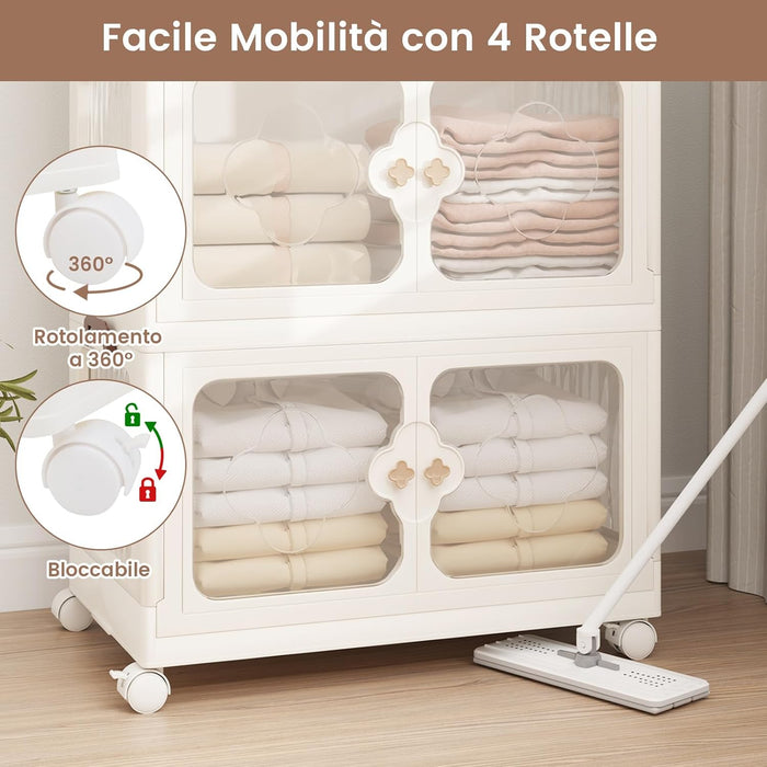 Scatole Immagazzinaggio Impilabili e Pieghevole con Ruote, Armadietto a 4 Ripiani con Ante e Coperchio, Contenitore Trasparente per Camera da Letto e Soggiorno, Bianco (59,5 x 35,5 x 130,5 cm)