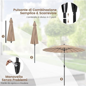 Ombrellone da Giardino Rotondo di 265 cm, Ombrellone da Patio con 18 Costole, Inclinazione a Pulsante, Parasole con Supporto in Metallo, per Cortile, Piscina, Spiaggia (Marrone)