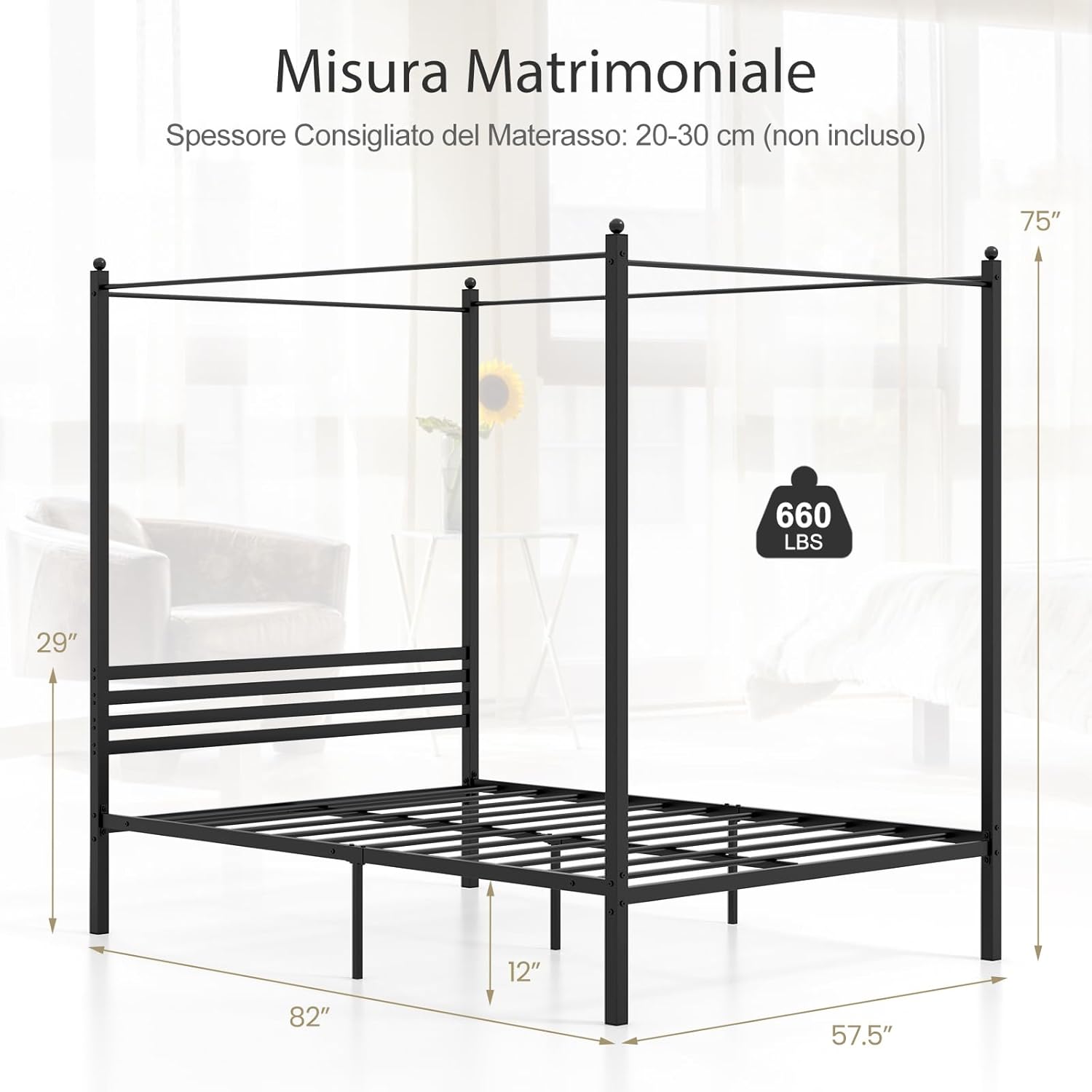 Struttura Letto in Metallo 200x140 cm, Telaio da Letto Matrimoniale con Testiera e 4 Poste, Sostegno Robusto in Metallo, Carico Massimo 300kg