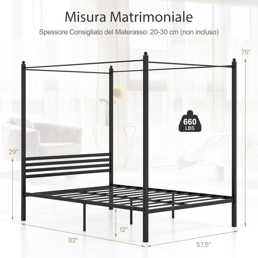 Struttura Letto in Metallo 200x140 cm, Telaio da Letto Matrimoniale con Testiera e 4 Poste, Sostegno Robusto in Metallo, Carico Massimo 300kg