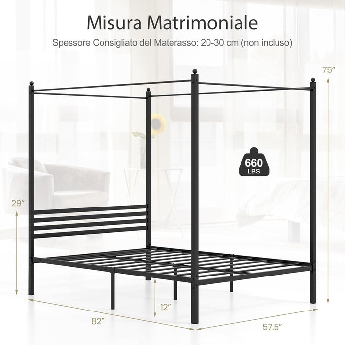 Struttura Letto in Metallo 200x140 cm, Telaio da Letto Matrimoniale con Testiera e 4 Poste, Sostegno Robusto in Metallo, Carico Massimo 300kg