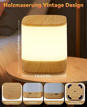 ZMH Lampada da tavolo LED effetto legno touch dimmerabile USB ricaricabile 1800mAh 3 temperature colore per camera letto