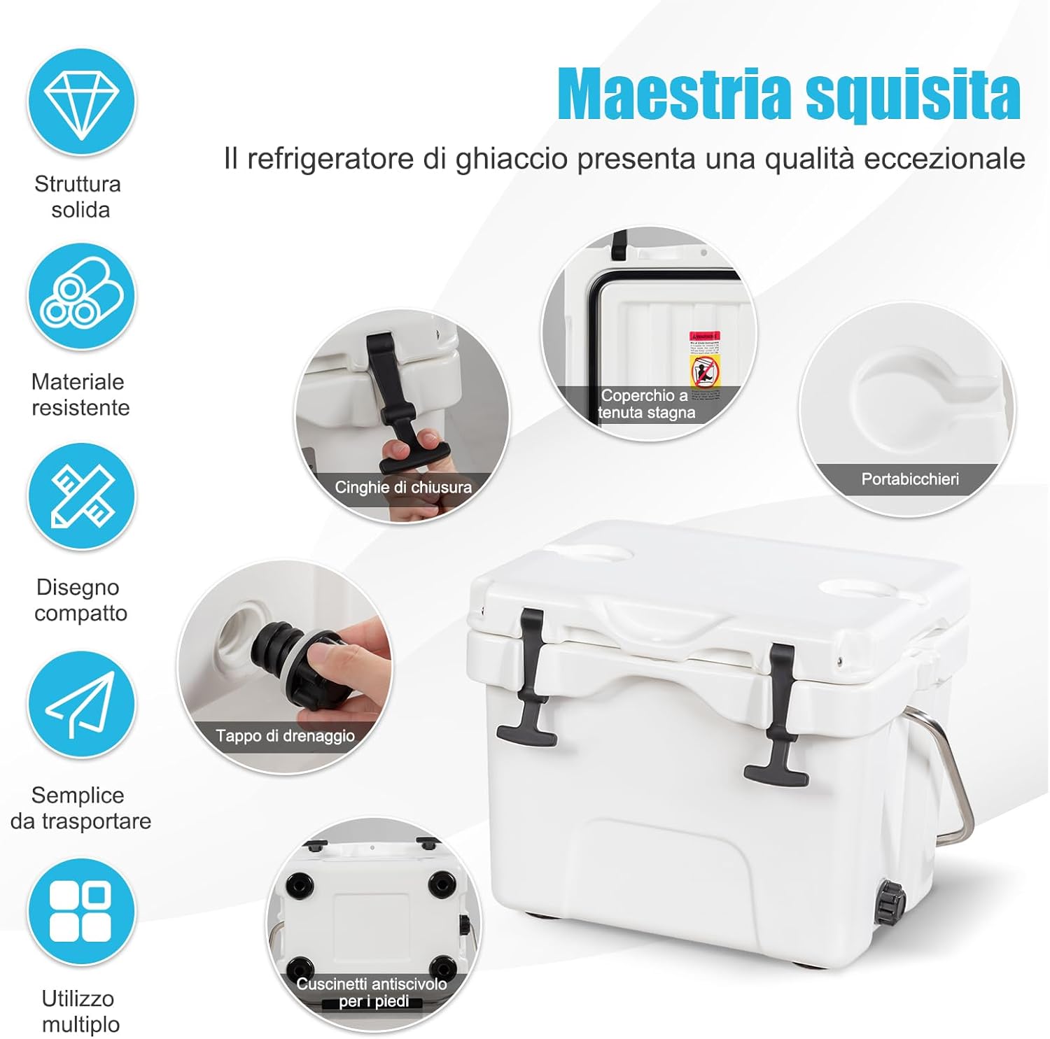 Contenitore per Ghiaccio da 15 L, Contenitore Termico con Maniglia 2 Porta Bicchieri, Contenitore Termico del Ghiaccio Portatile per Campeggio(Bianco）
