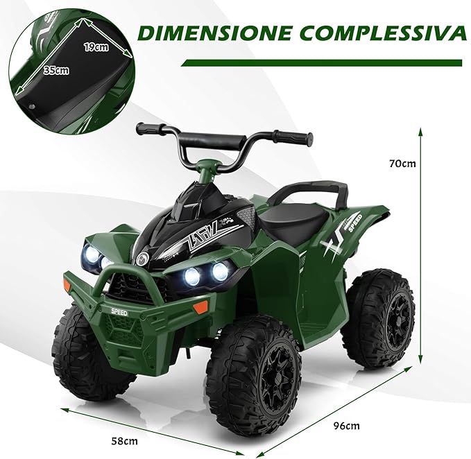 12V Quad Elettrico per Bambini, Macchina Elettrica con Velocità Alta/Bassa, Sedile Comodo Fari Corno e Musica, Auto Elettrica Cavalcabile 2,2/4,3 km/h (Verde)
