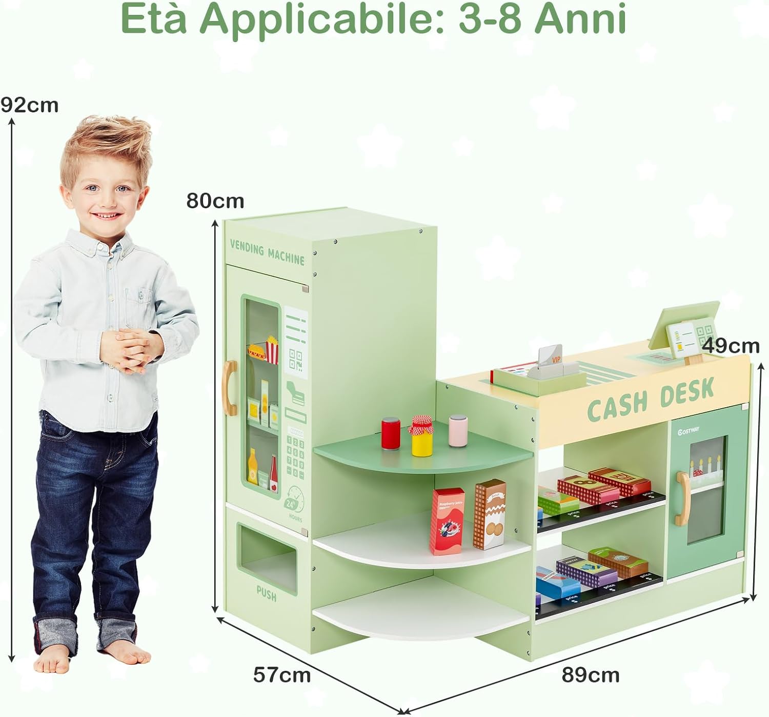 Set di Giocattoli in Legno per il Supermercato, Negozio Alimentare per Bambini con Bancone Cassa, POS, Distributore Automatico, per Bambini 3 - 8 Anni (Verde)