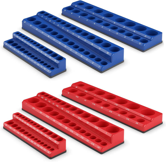 6 Pezzi Set di Supporti Magnetici per Punte delle Chiavi a Bussola, Organizer per Punte con Unità da 2,5/10cm, 7,5/20cm e 2,5/10cm, Rosso SAE e Blu Metrico