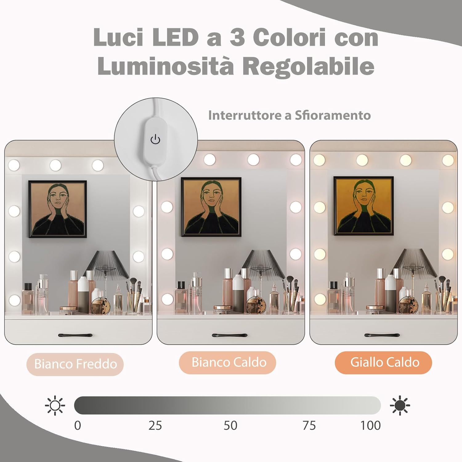 Toeletta da Trucco con Specchio, Tavolo da Trucco con Stazione di Ricarica, Luci LED a 3 Colori, Tavolo da Trucco con 4 Cassetti, 2 Ripiani, per Camera da Letto, Soggiorno