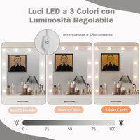 Toeletta da Trucco con Specchio, Tavolo da Trucco con Stazione di Ricarica, Luci LED a 3 Colori, Tavolo da Trucco con 4 Cassetti, 2 Ripiani, per Camera da Letto, Soggiorno