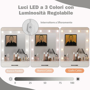 Toeletta da Trucco con Specchio, Tavolo da Trucco con Stazione di Ricarica, Luci LED a 3 Colori, Tavolo da Trucco con 4 Cassetti, 2 Ripiani, per Camera da Letto, Soggiorno