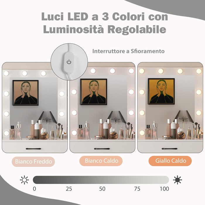 Toeletta da Trucco con Specchio, Tavolo da Trucco con Stazione di Ricarica, Luci LED a 3 Colori, Tavolo da Trucco con 4 Cassetti, 2 Ripiani, per Camera da Letto, Soggiorno