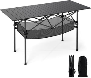 Tavolo da Campeggio Pieghevole, Tavolo da Picnic Portatile con Piano in Alluminio Arrotolabile, Cestello in Rete, Borsa da Trasporto per Giardino Spiaggia Pesca, Portata 100 kg (Nero)