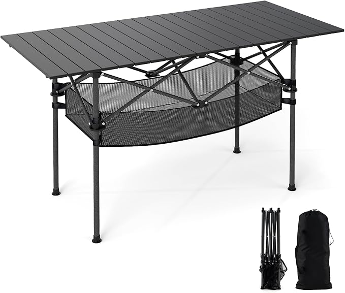 Tavolo da Campeggio Pieghevole, Tavolo da Picnic Portatile con Piano in Alluminio Arrotolabile, Cestello in Rete, Borsa da Trasporto per Giardino Spiaggia Pesca, Portata 100 kg (Nero)