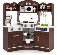 Cucina Giocattolo Angolare con Fornelli e Micronde da Suoni e Luci, Cucina per Bambini in Legno con Macchina Caffè, Lavandelo, Forno e Lavatrice, Set Cucina con Accessori (Marrone)