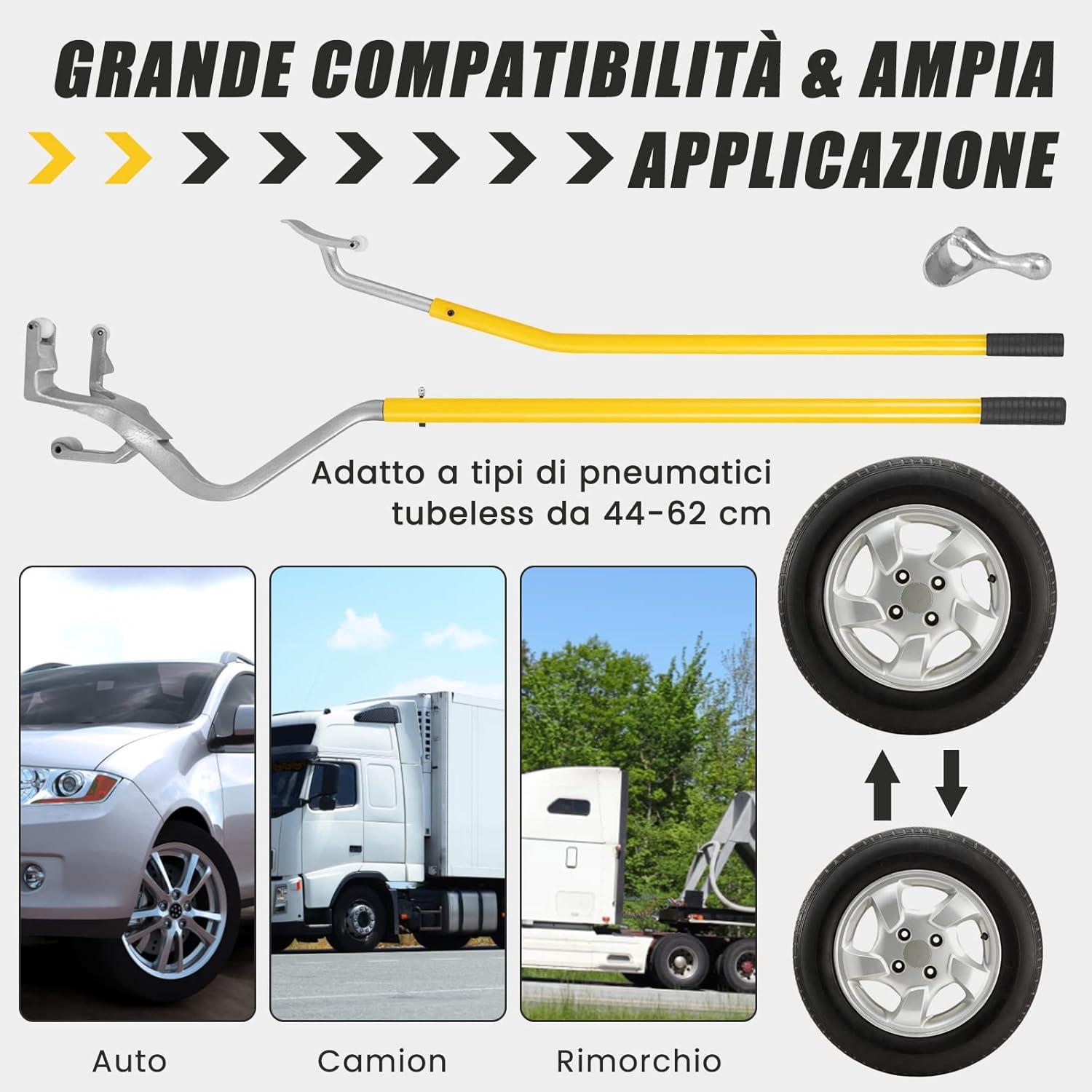 Strumento di Montaggio e Smontaggio Pneumatici Cambia Gomme da 44 cm a 62 cm, 3 PCS Strumenti Manuali con Supporto per Tallone in Acciaio per la Riparazione di Auto (Giallo)